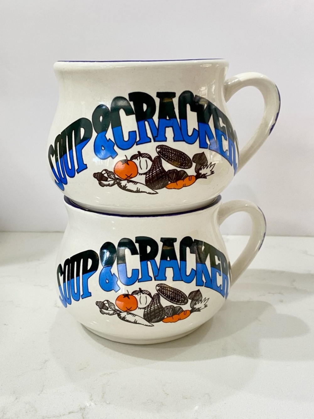 Set of 2 Vintage 1980s PMC Ceramic "Soup & Crackers" Mugs / Bowla